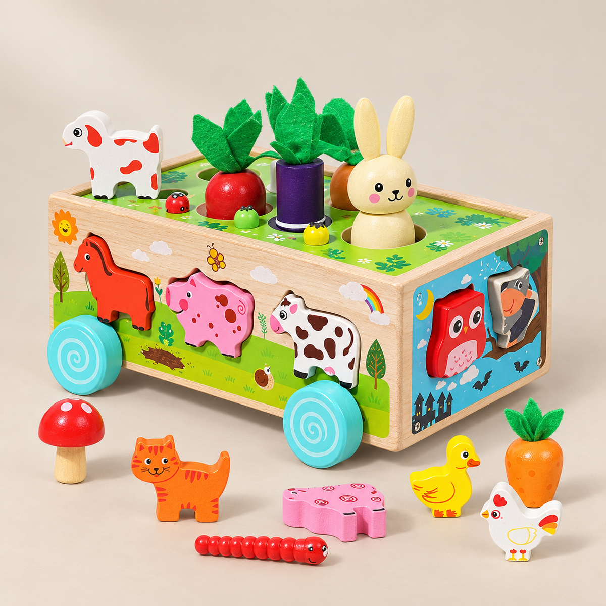 Wooden Farm Harvest Activity Cart — Pivoli Toys beige studio photograph