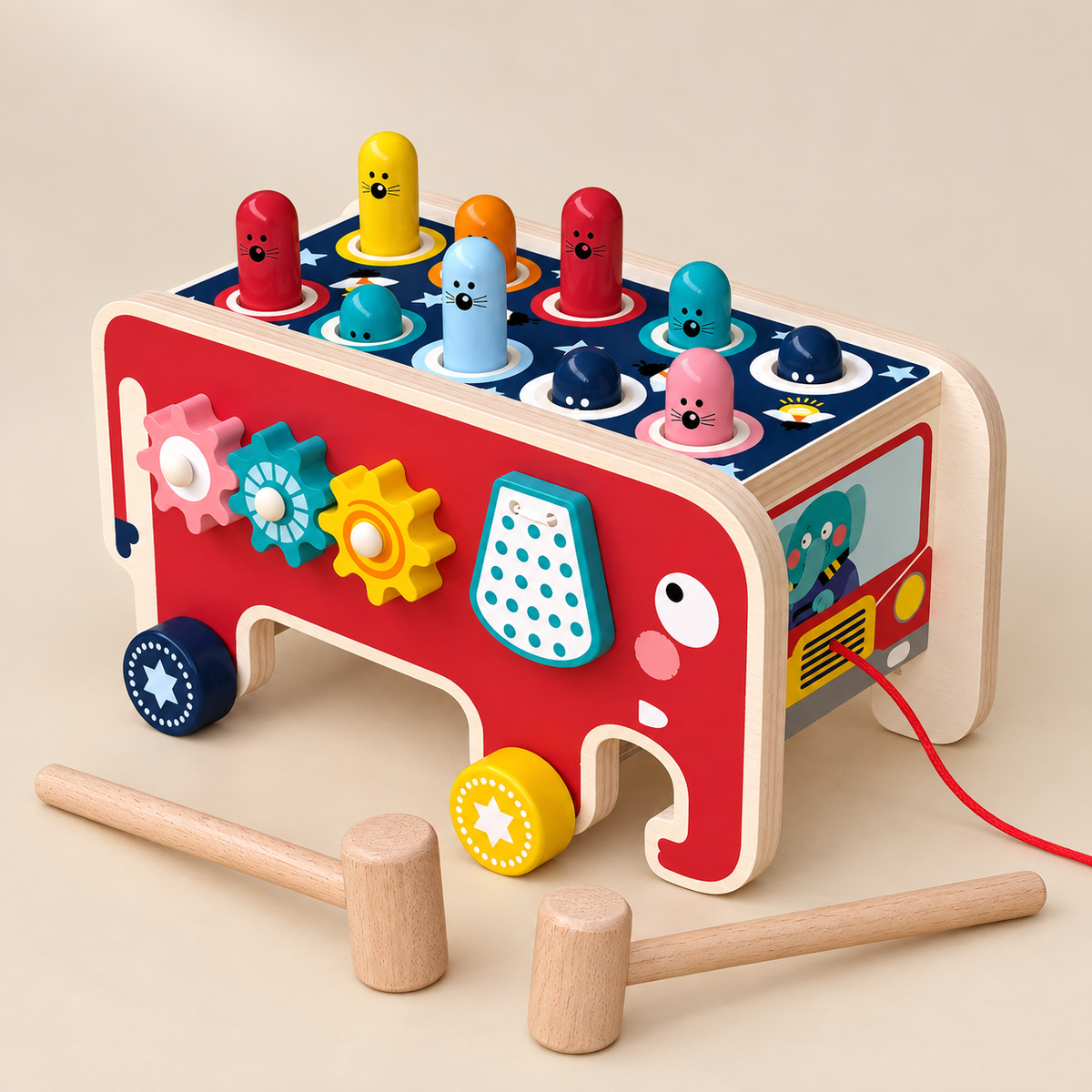 Wooden Hammering Activity Bus — Pivoli Toys beige studio photograph
