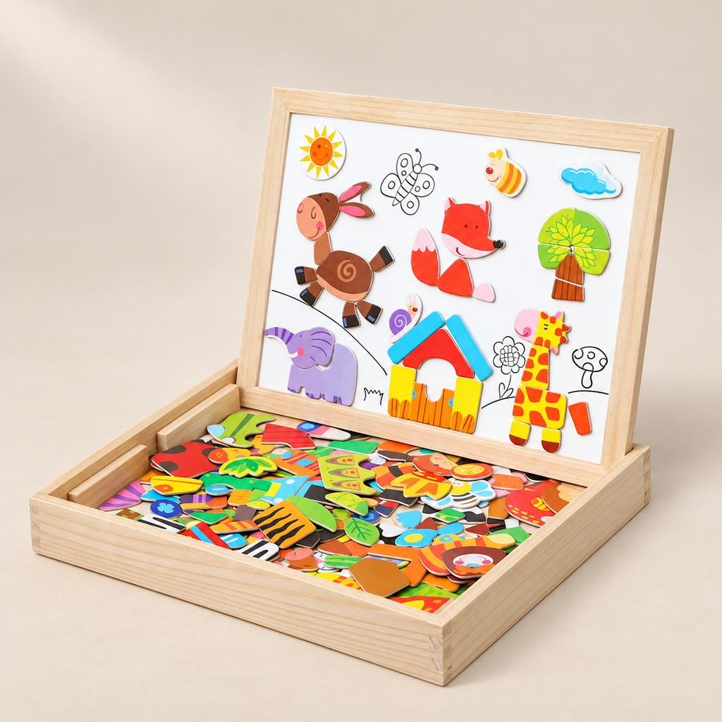 Wooden Magnetic Drawing & Puzzle Box — Pivoli Toys beige studio photograph