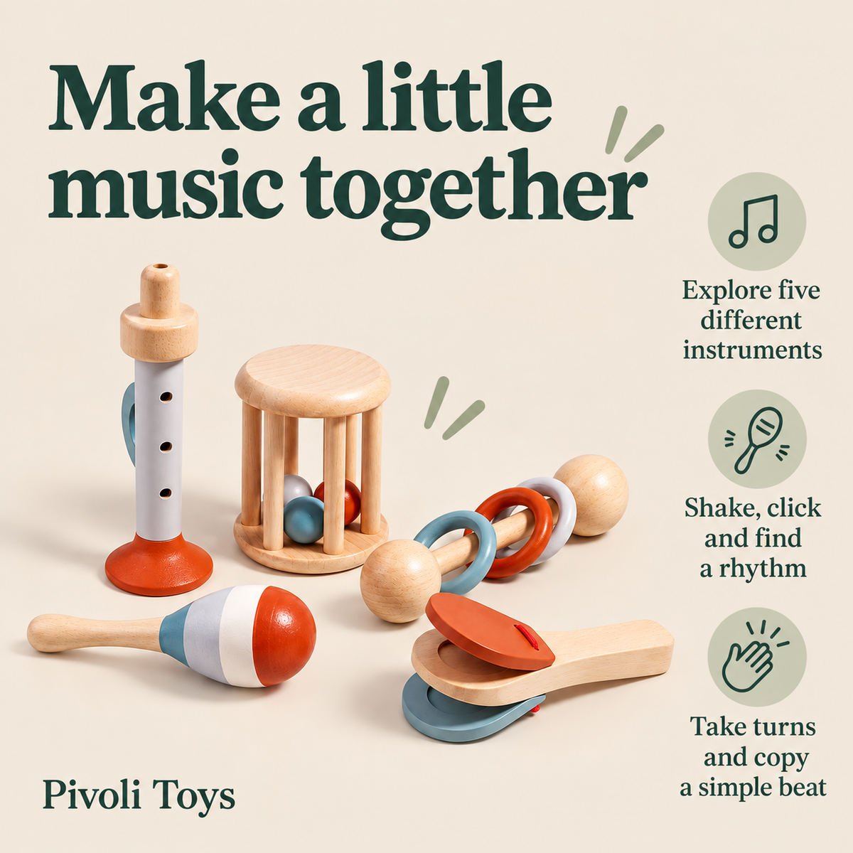 Wooden Musical Instruments - Set of 5 benefits: Explore five different instruments; Shake, click and find a rhythm; Take turns and copy a simple beat