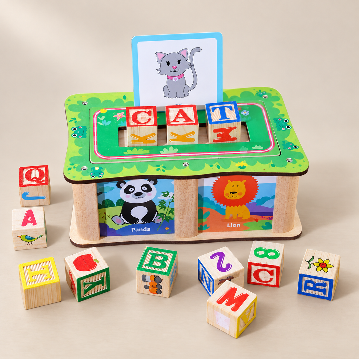 Wooden Picture & Spelling Box — Pivoli Toys beige studio photograph
