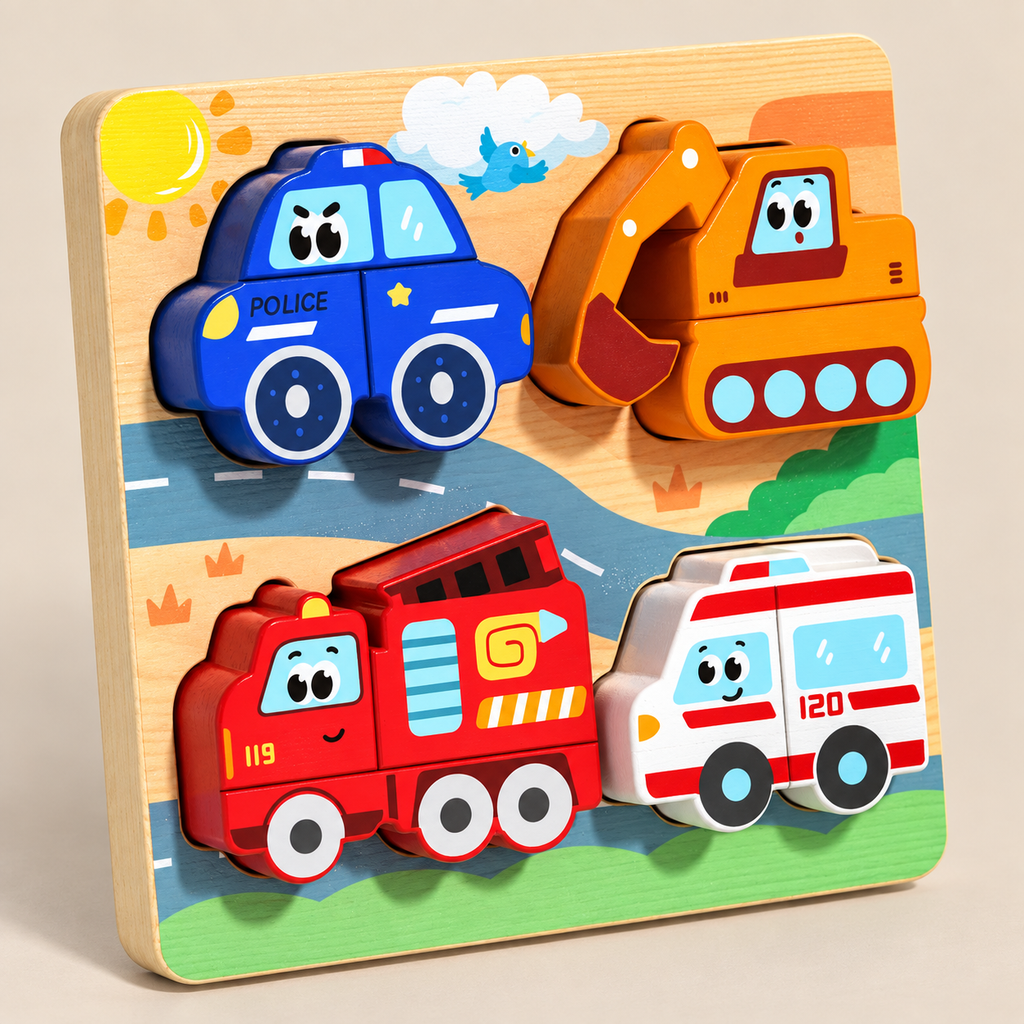 Wooden vehicle puzzle board Design A on a warm beige studio background