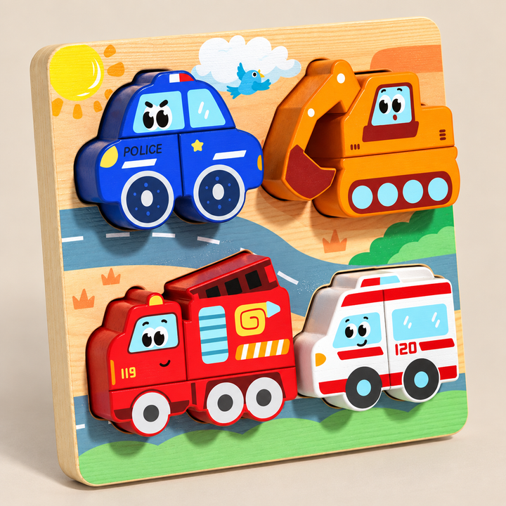 Wooden vehicle puzzle board Design A on a warm beige studio background