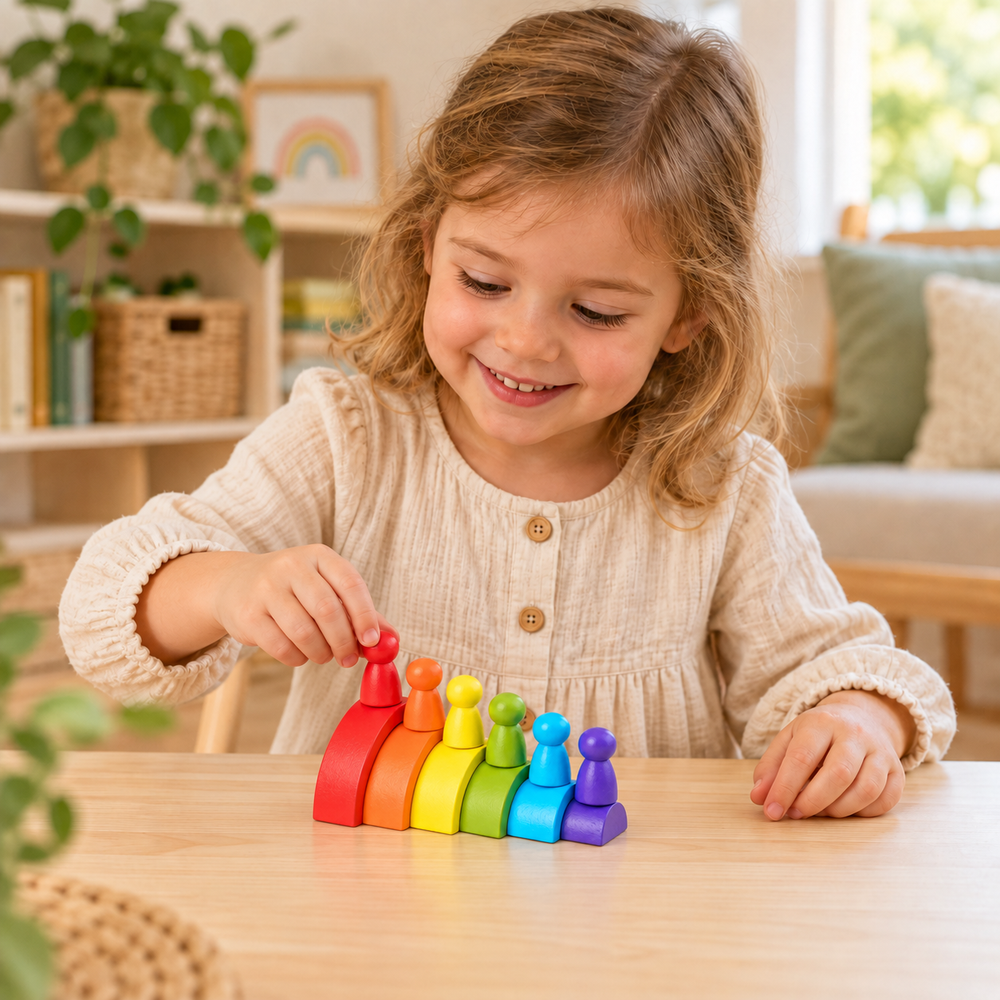 Wooden Rainbow Stacker with Peg People