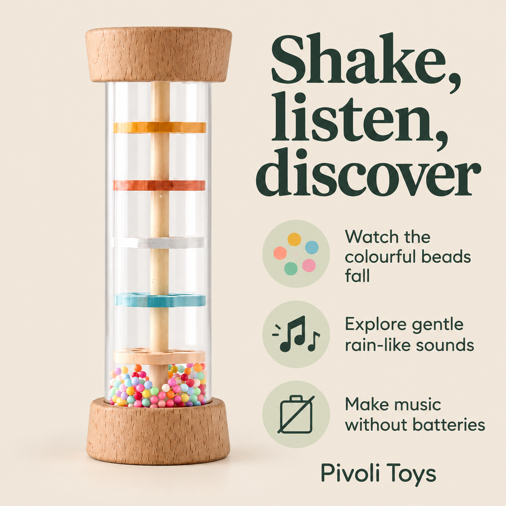 Wooden Rainmaker Sensory Toy benefits: Watch the colourful beads fall; Explore gentle rain-like sounds; Make music without batteries