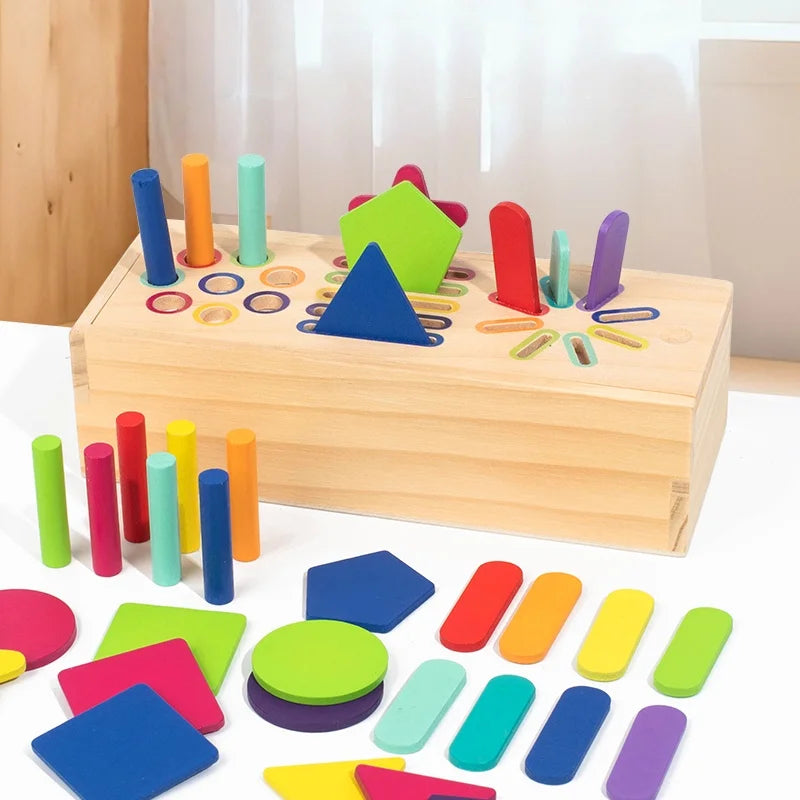 Wooden sorting box with colourful shapes, sticks and dowels