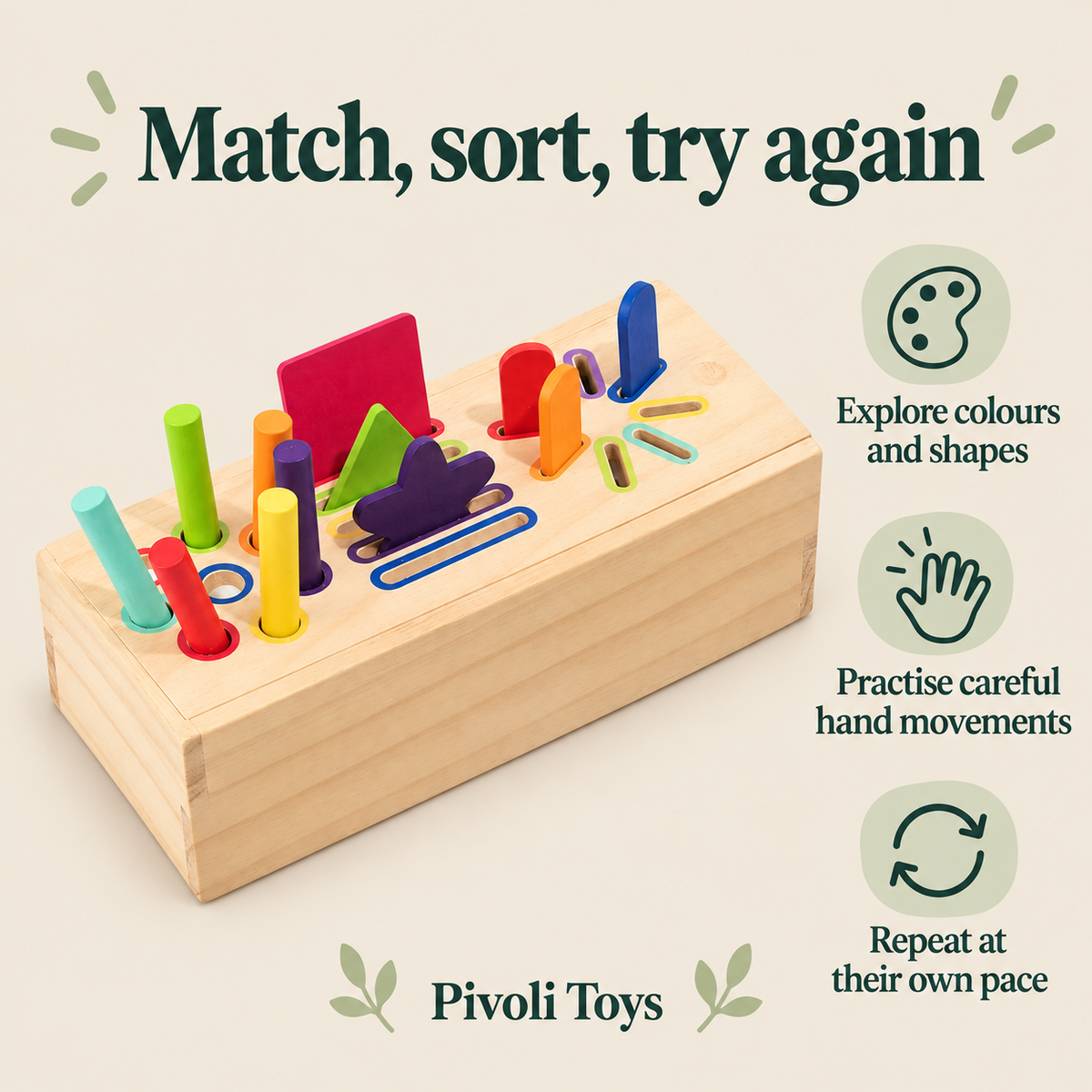 Wooden Shape and Colour Sorting Box benefits: Explore colours and shapes; Practise careful hand movements; Repeat at their own pace