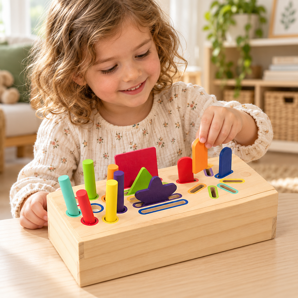 Child using the wooden shape and colour sorting box in a home play setting