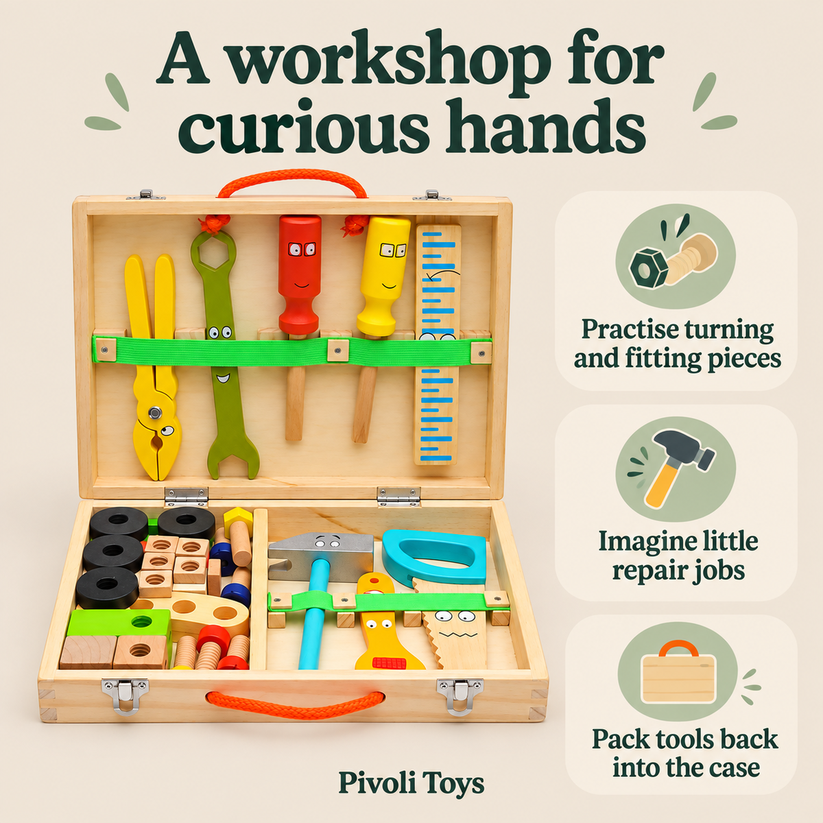 Wooden Tool Box Construction Set benefits: Practise turning and fitting pieces; Imagine little repair jobs; Pack tools back into the case