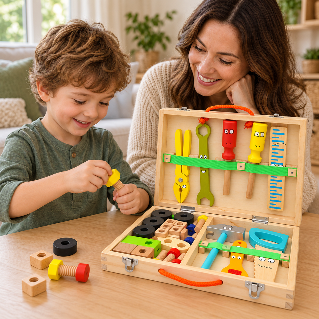 Child using the wooden tool box construction set in a home play setting