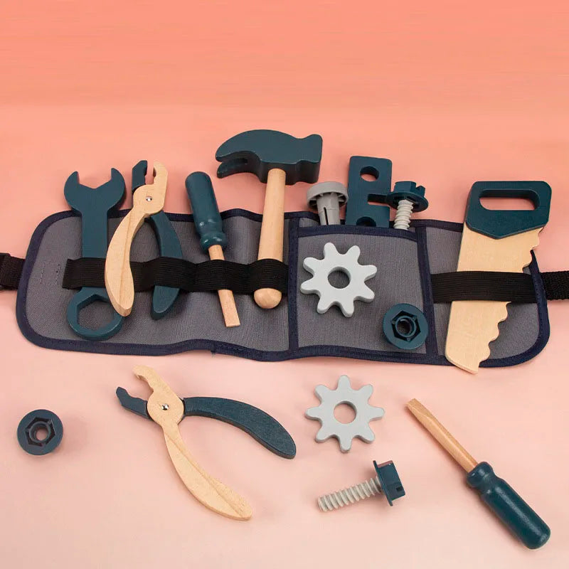 Wooden toy tool belt and close-up of its tools