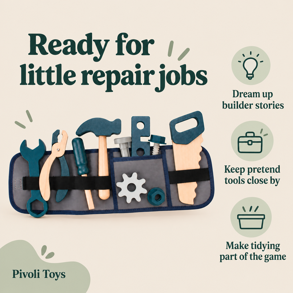 Wooden Toy Tool Belt benefits: Dream up builder stories; Keep pretend tools close by; Make tidying part of the game