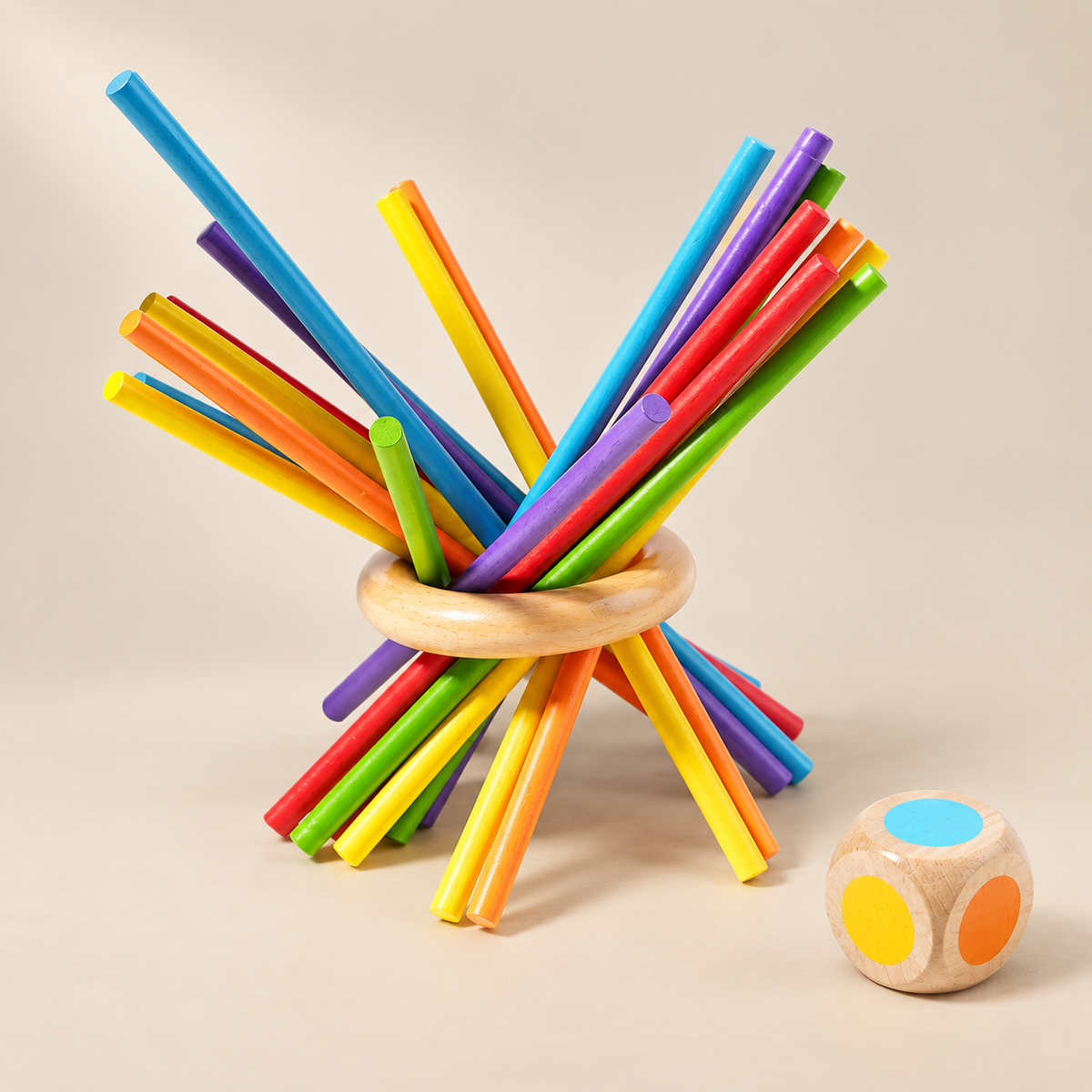 Wooden Tumble Tower & Balance Sticks Game — Pivoli Toys beige studio photograph