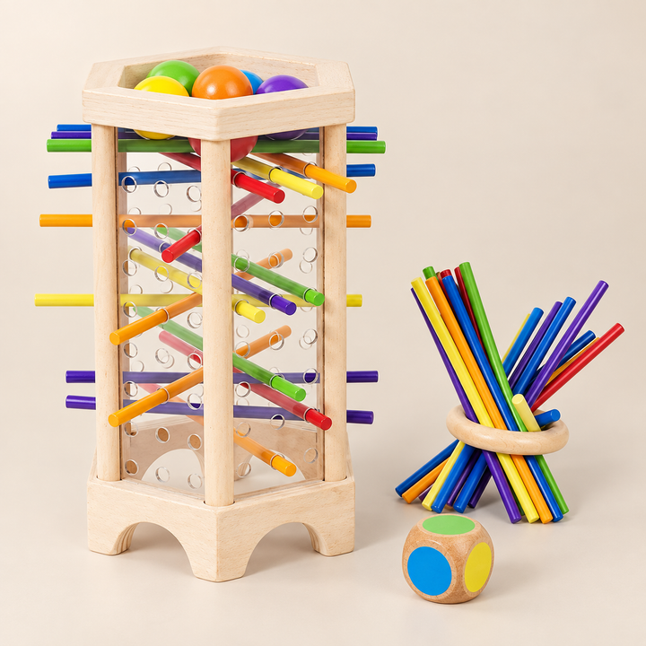 Wooden Tumble Tower & Balance Sticks Game — complete tower, balancing sticks and colour die on a beige background