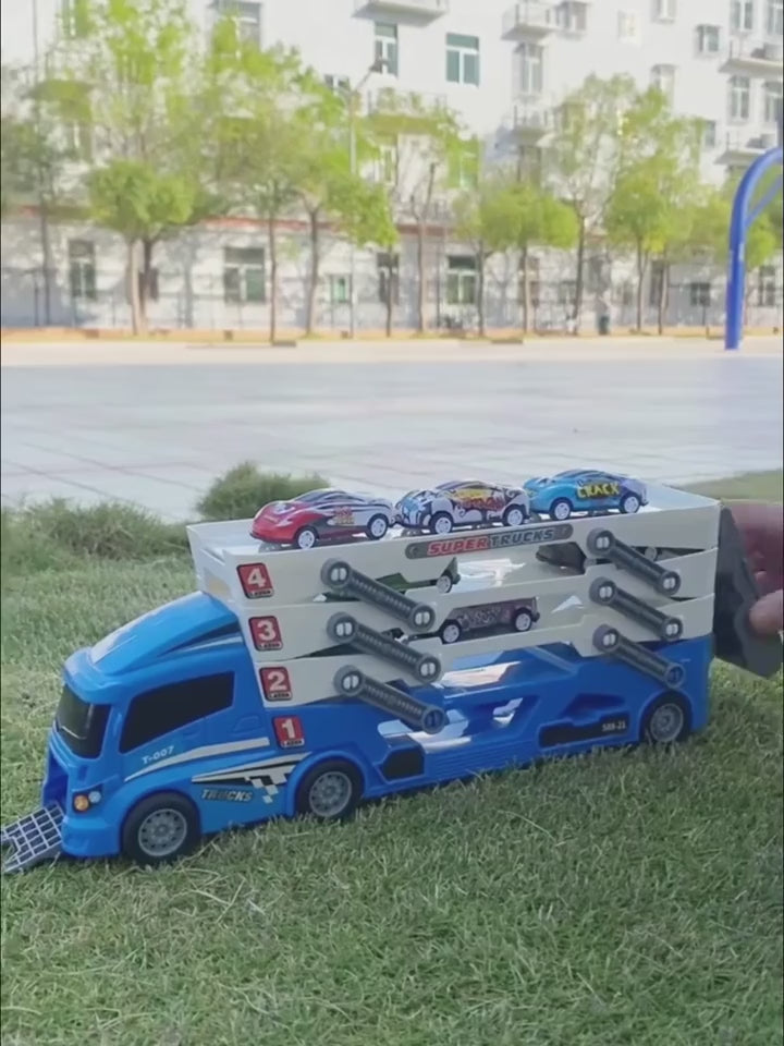 Transforming Car Transporter Toy with 6 Cars — product demonstration
