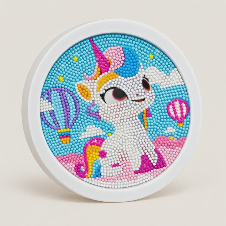 Unicorn Diamond Painting Kit with Round Frame — product presentation with Status by Jamie Bathgate
