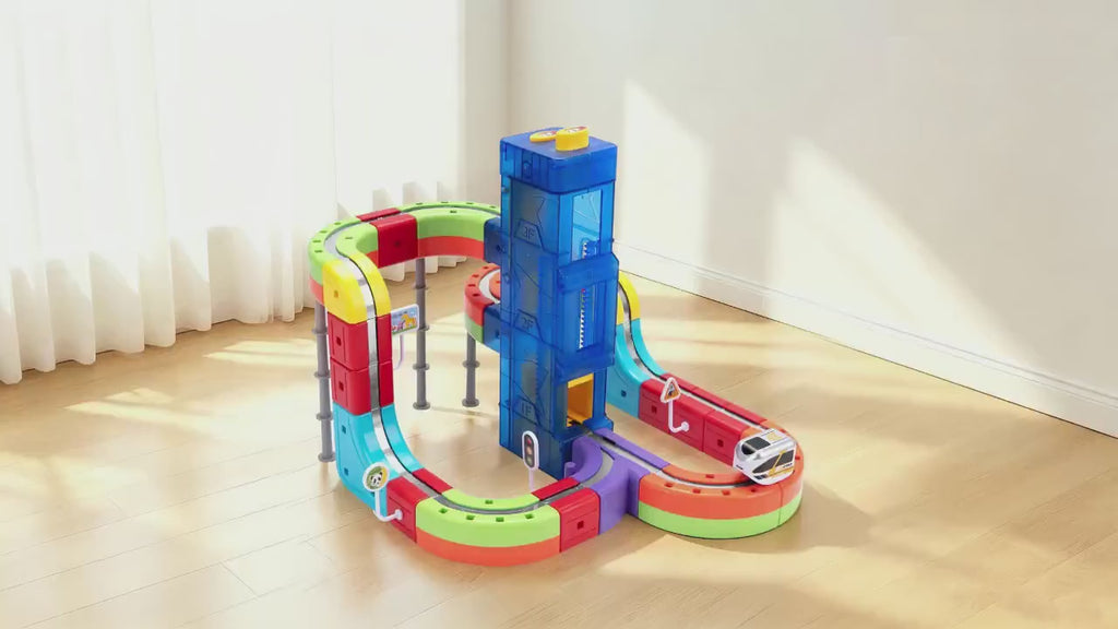 Magnetic Train Track Set with Lift Tower demonstration: charging, building and the lift carrying the train