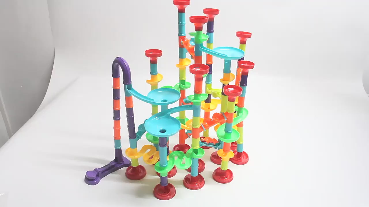 Marble run set built and in action