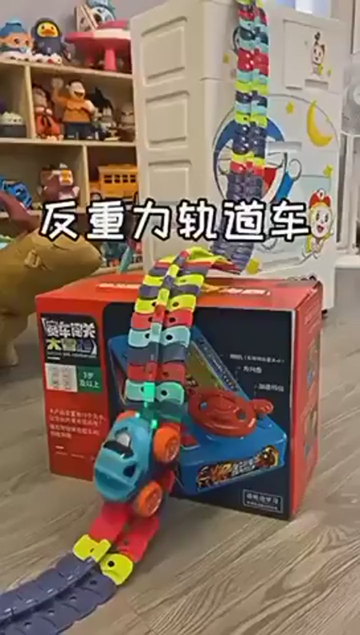 Flexible Car Racing Track Set, 184 Pieces: car racing down a vertical bendable track, over a sofa and around the floor