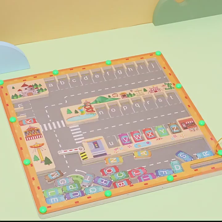 Magnetic Alphabet Maze with Letter Parking Spaces, product video