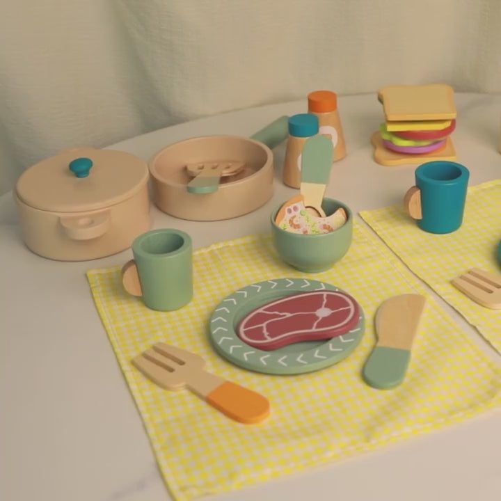 Wooden Cooking Set with Play Food — product demonstration