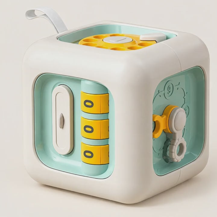 6-in-1 Sensory Busy Cube — product presentation with Status by Jamie Bathgate