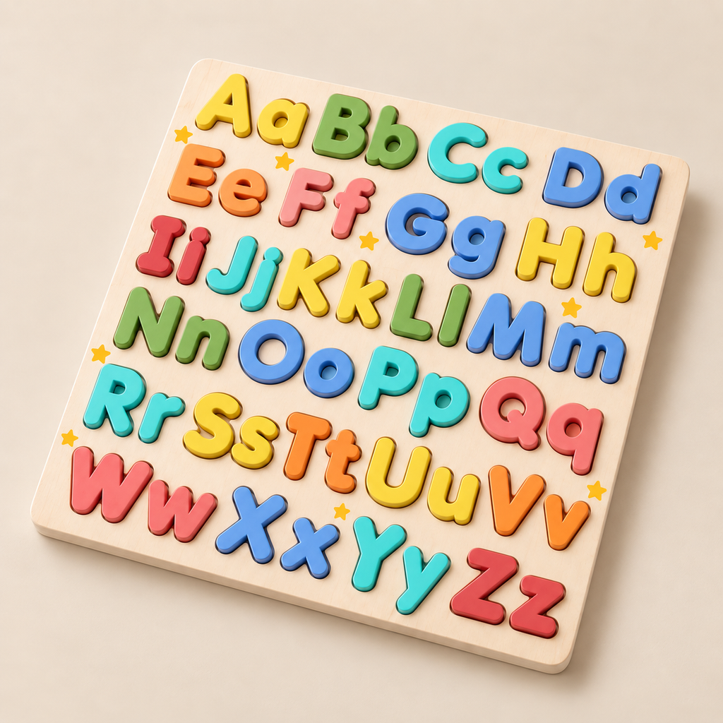 Wooden Alphabet Puzzle – Uppercase & Lowercase on a warm beige studio background