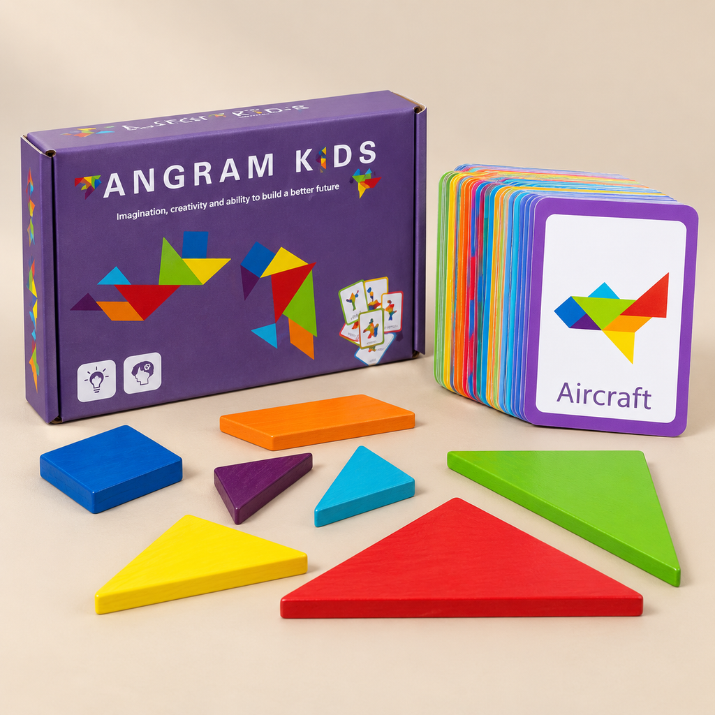 Wooden Tangram Puzzle with Challenge Cards on a warm beige studio background
